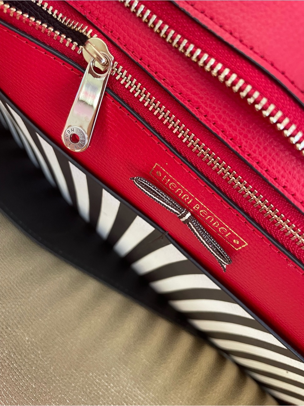 henri bendel Red Tote with Gold Script and Black & White Stripes - Picture 3 of 6